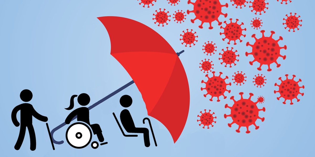 Bildmontage Behinderte Menschen werden von einem Schirm vor Viren geschützt