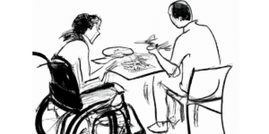 Zeichnung von zwei Personen beim Essen; eine von beiden sitzt im Rollstuhl