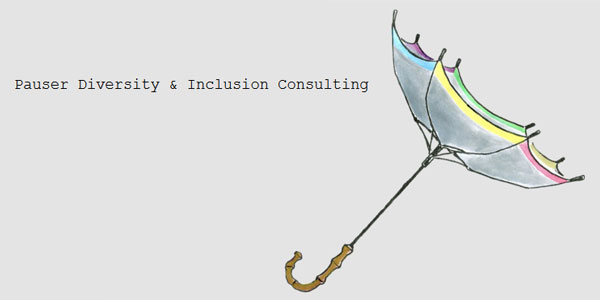 Das Logo zeigt einen umgestülpten Regenschirm. Der Schirm ist grau und am Rand verschiedenfarbig. Daneben steht der Text: Pauser Diversity & Inclusion Consulting.